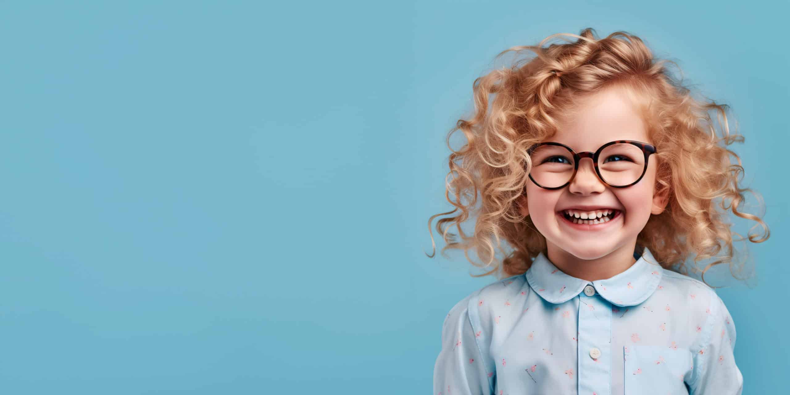 Happy Little Curly Blond Girl With Big Eyeglasses. Isolated On Solid Blue Background